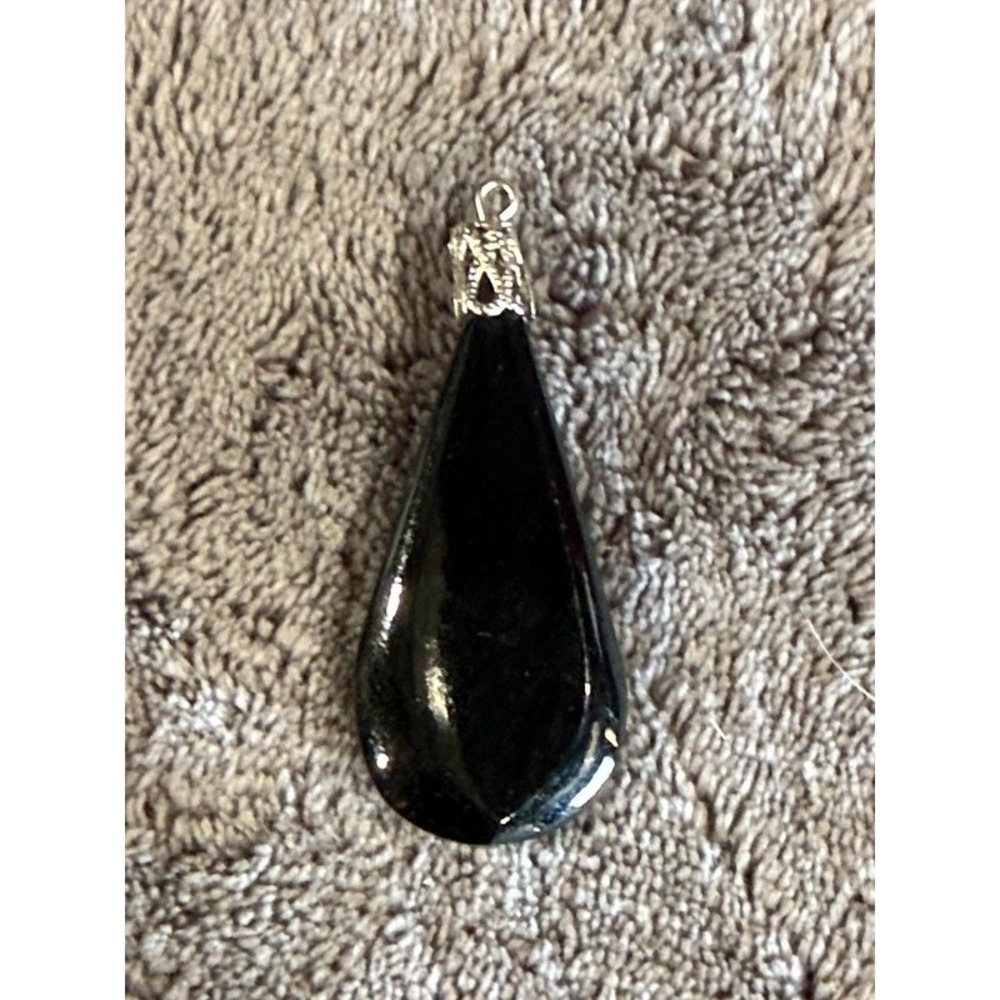 Black Obsidian Teardrop Pendant Filigree Silver Tone Bail